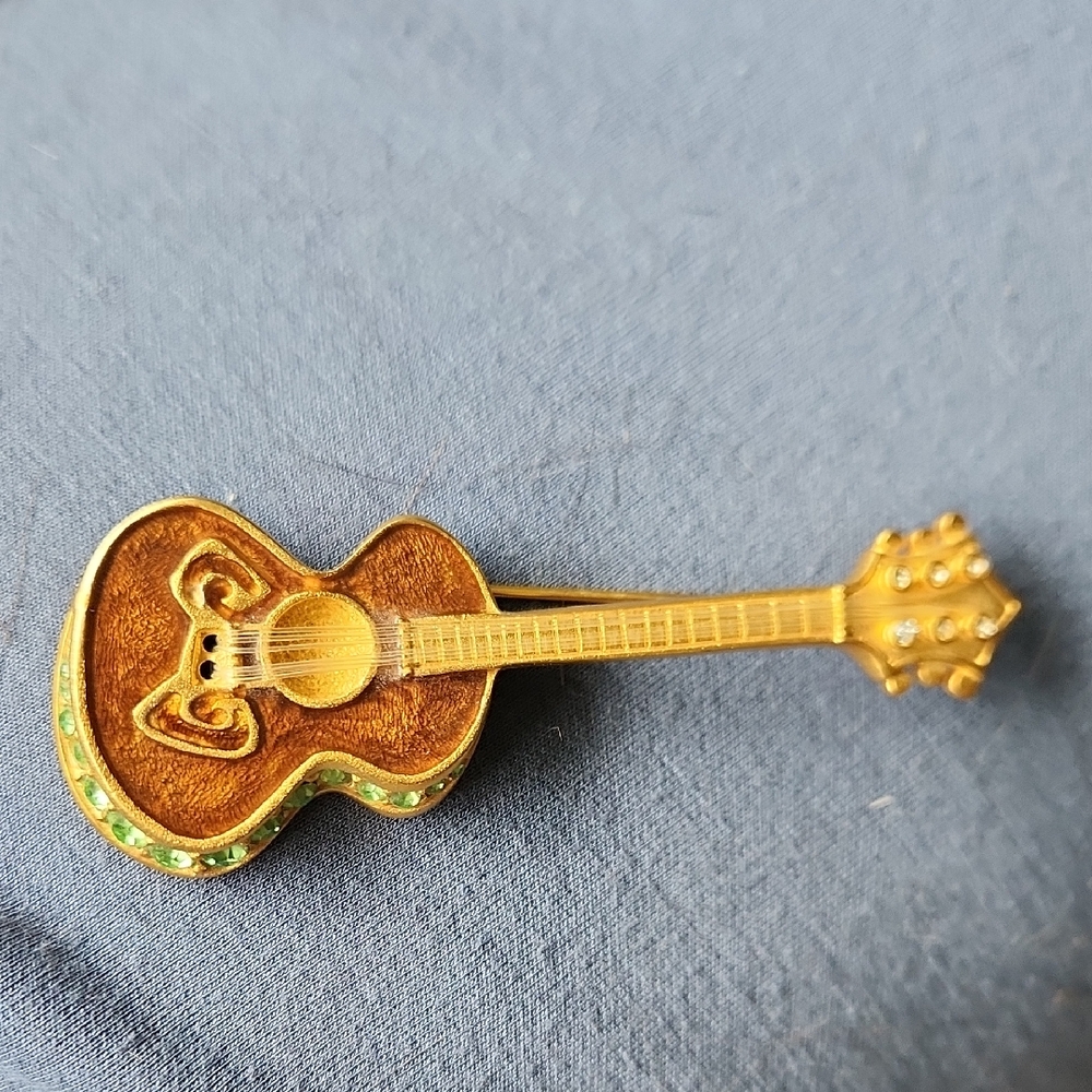 Bob Mackie Gold and Green Guitar Brooch